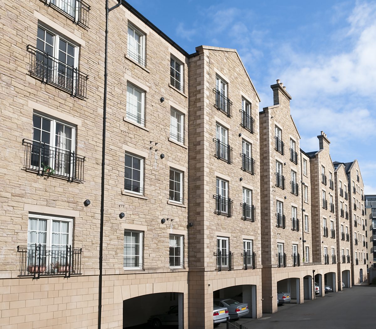 Exterior of a brick apartment building