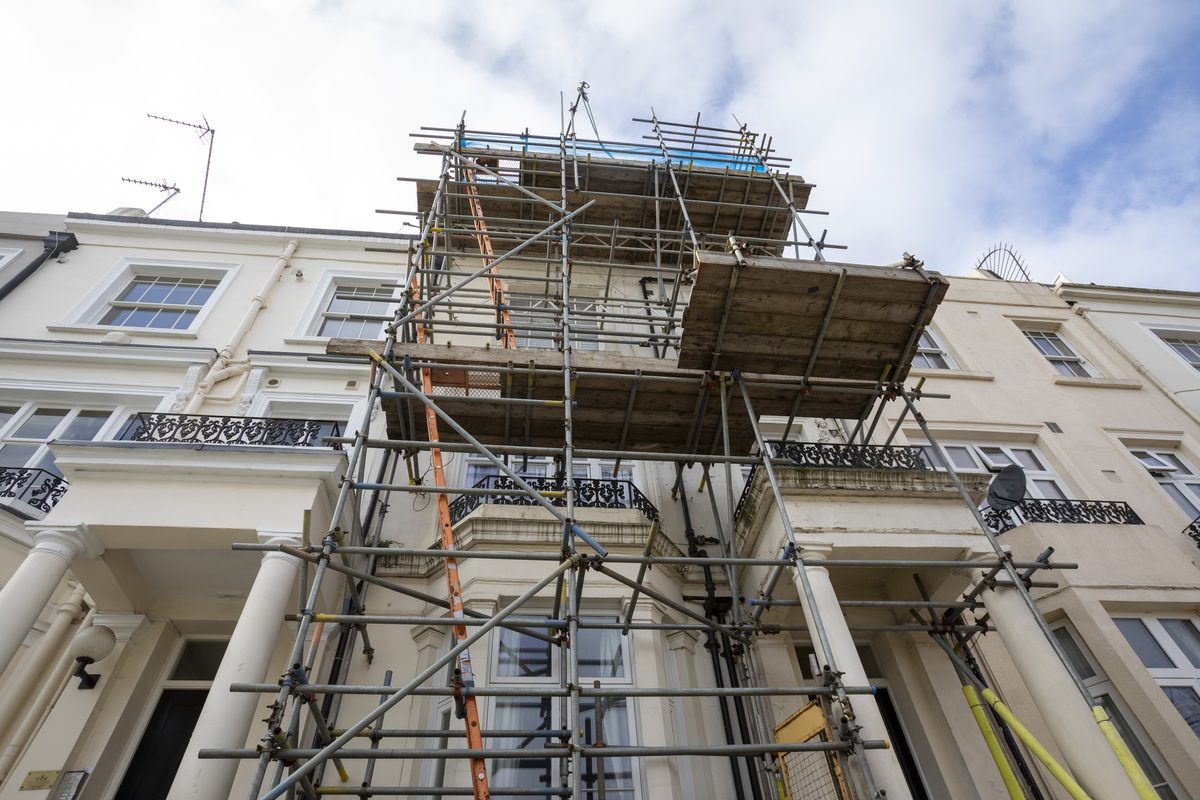 Scaffolding erected against a building facade